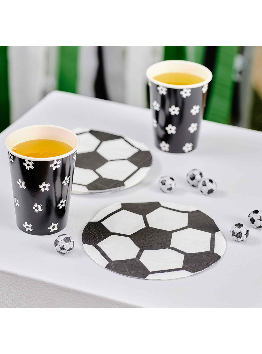 Soccer Kick Off Party 16 Pack Ball Shaped Napkins – Lifestyle Image