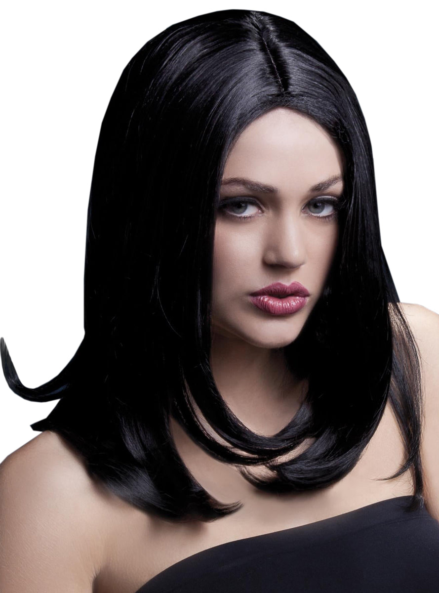 Womens Black Shoulder Length Fashion Wig With Center Part - Main Image