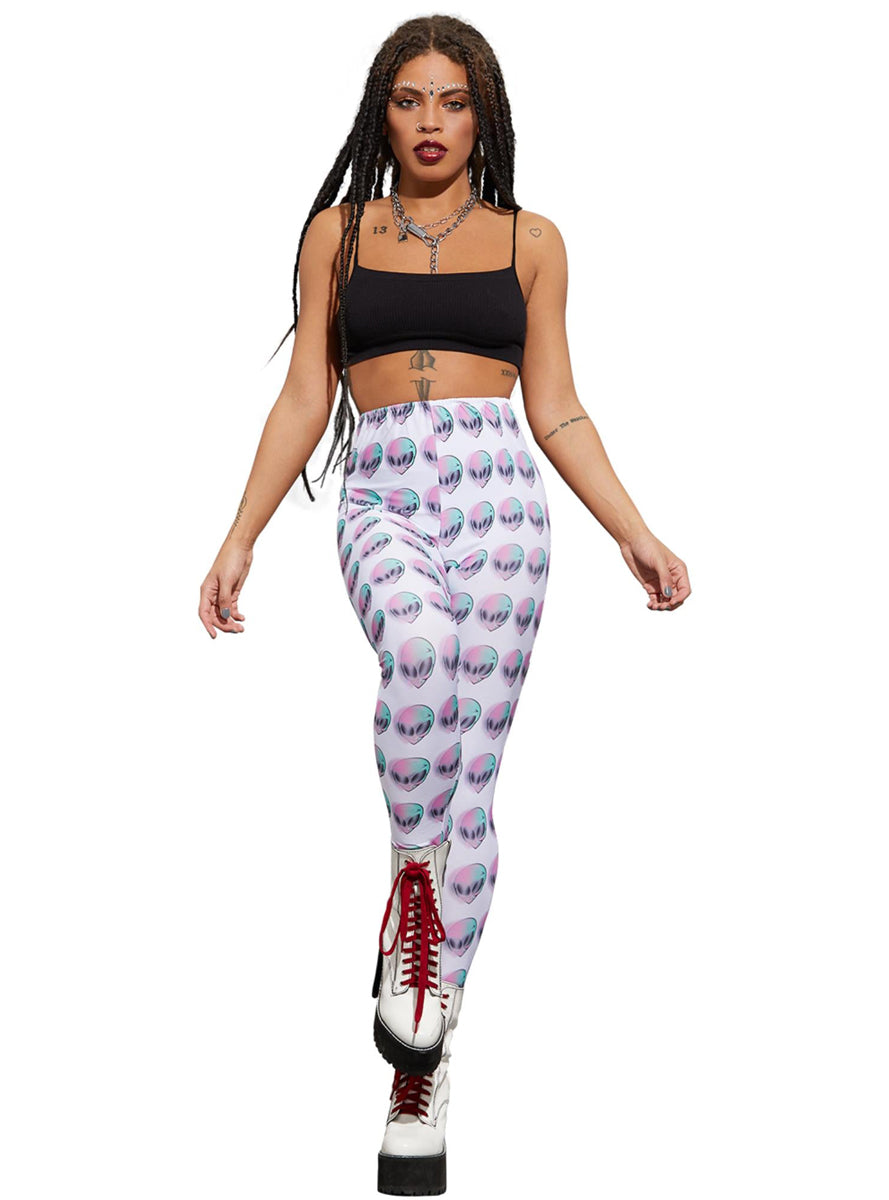 Alien Face Womens White Costume Leggings - Alternate Image