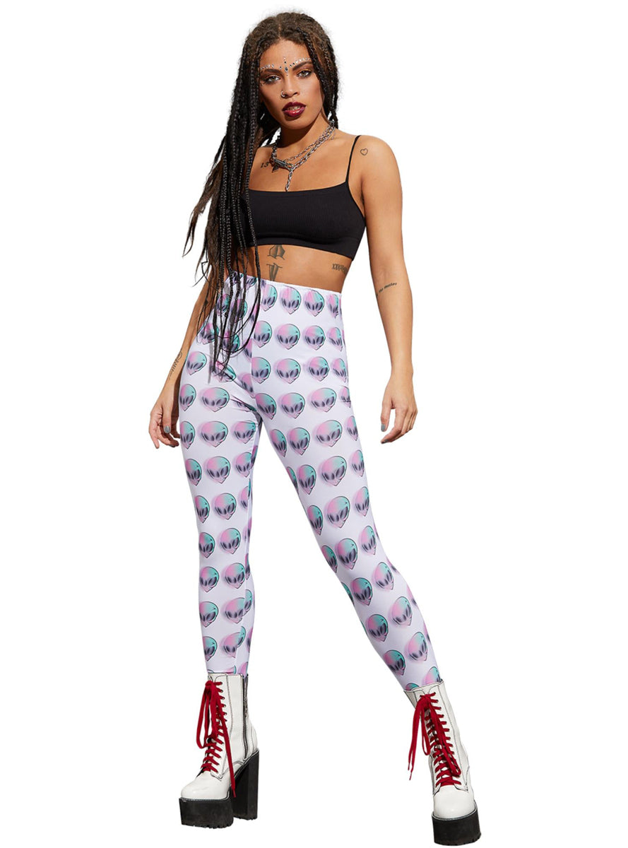 Alien Face Womens White Costume Leggings - Main Image