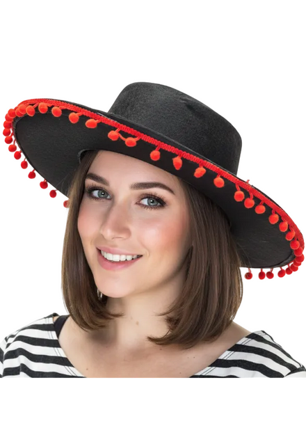 Spanish Adults Black Costume Hat with Red Trim - Main Image