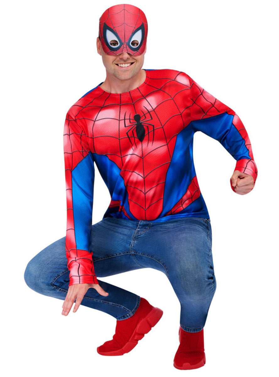 Spiderman Mens Marvel Superhero Costume Shirt and Mask Set – Alternative Image 1
