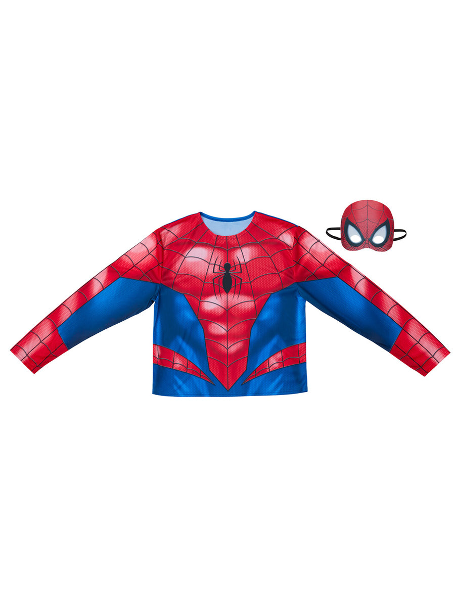 Spiderman Mens Marvel Superhero Costume Shirt and Mask Set – Flatlay Image