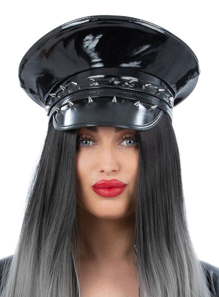 womens black punk peaked costume cap - Main image