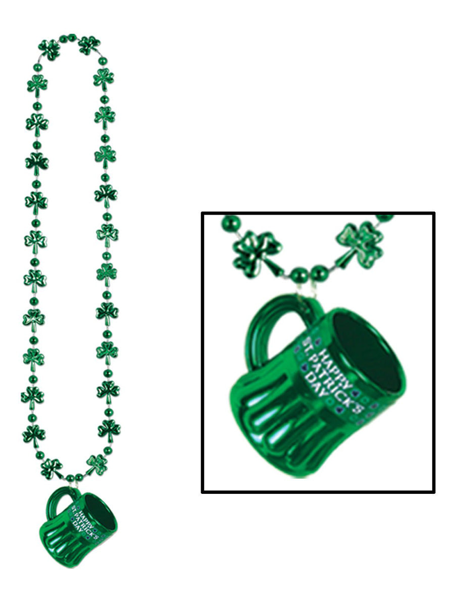 St Patricks Day Green Shamrock Beaded Necklace With Beer Mug - Main Image