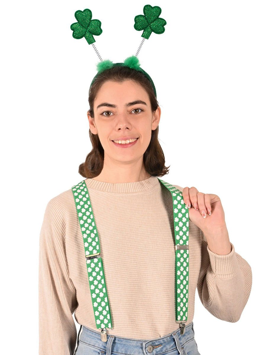 St Patricks Day Green Shamrock Costume Suspenders - Main Image
