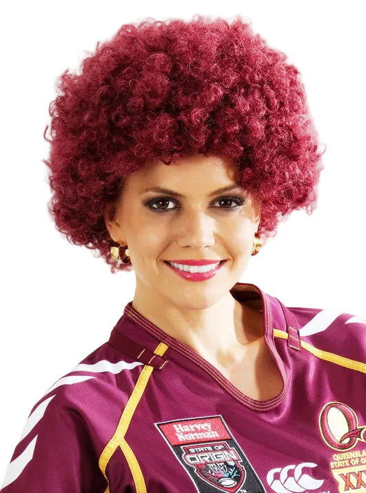State Of Origin Adults Maroon QLD Afro Costume Wig - Main Image