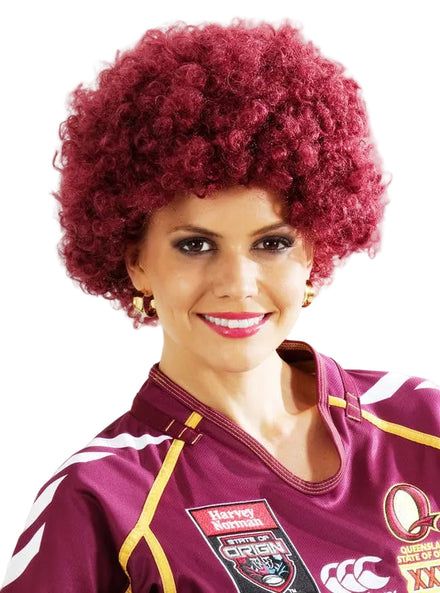 State Of Origin Adults Maroon QLD Afro Costume Wig - Main Image