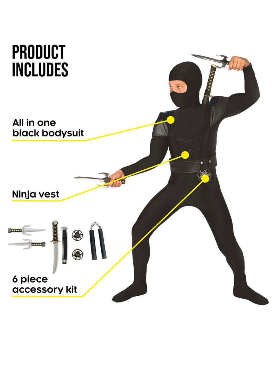 Teen Boys Black Stealthy Ninja Costume Details Image