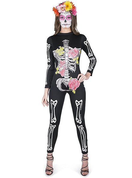 Sugar Skull Print Plus Size Womens Skeleton Halloween Costume - Main Image