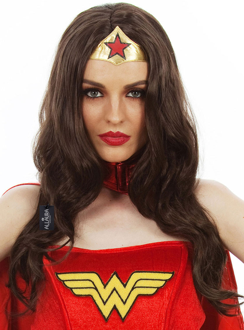 Super Heroine Womens Long Brown Costume Wig - Main Image