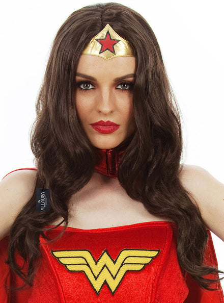 Super Heroine Womens Long Brown Costume Wig - Main Image