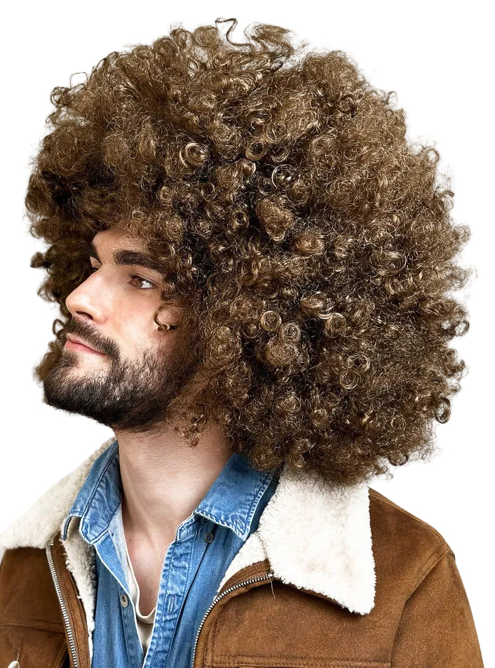 Super Jumbo Adults Brown Afro Costume Wig - Mens Side Image