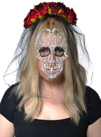 Day of the Dead Rose Headband with Printed Sugar Skull Veil - Main Image