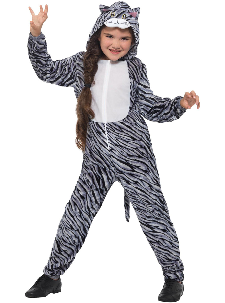 Girls Striped Tabby Cat Onesie Animal Costume - Front Image