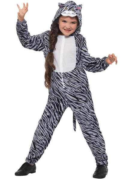 Girls Striped Tabby Cat Onesie Animal Costume - Front Image