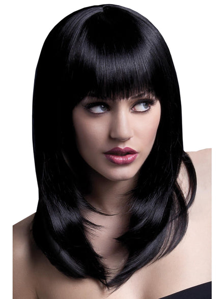 Shoulder Length Womens Layered Black Fashion Wig With Fringe - Main Image