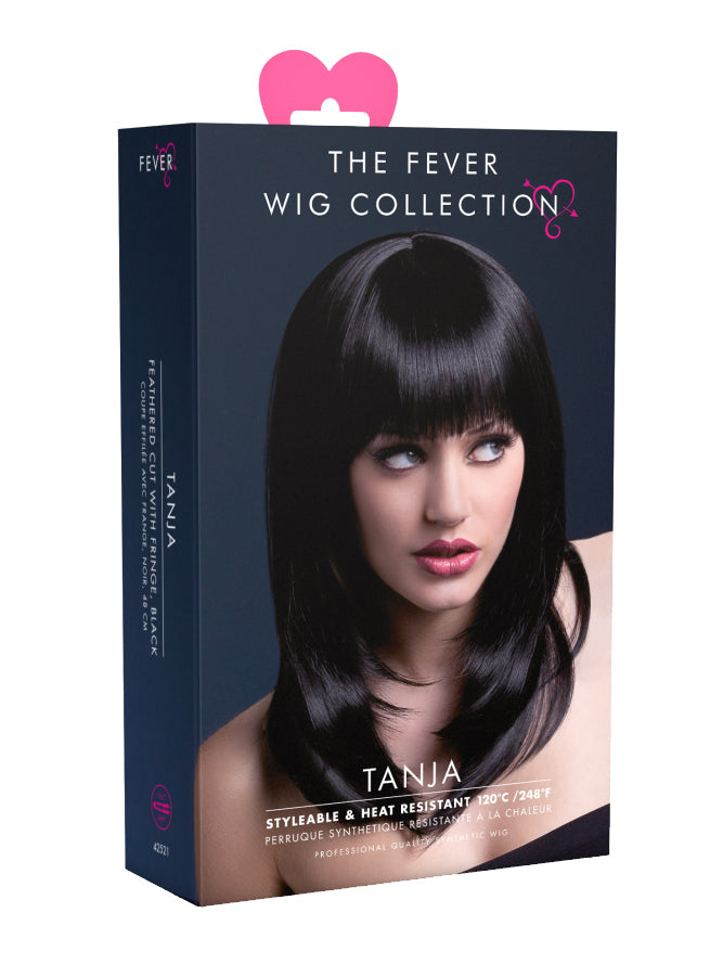 Shoulder Length Womens Layered Black Fashion Wig With Fringe - Packaging Image