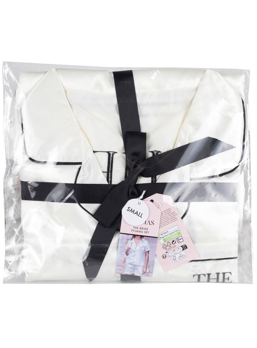 white satin wedding the bride pjs - packaging image