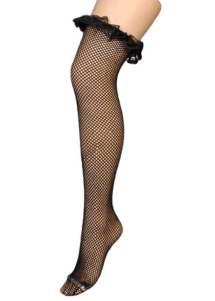 Womens Black Fishnet Thigh High Stockings With Ruffled Lace Top