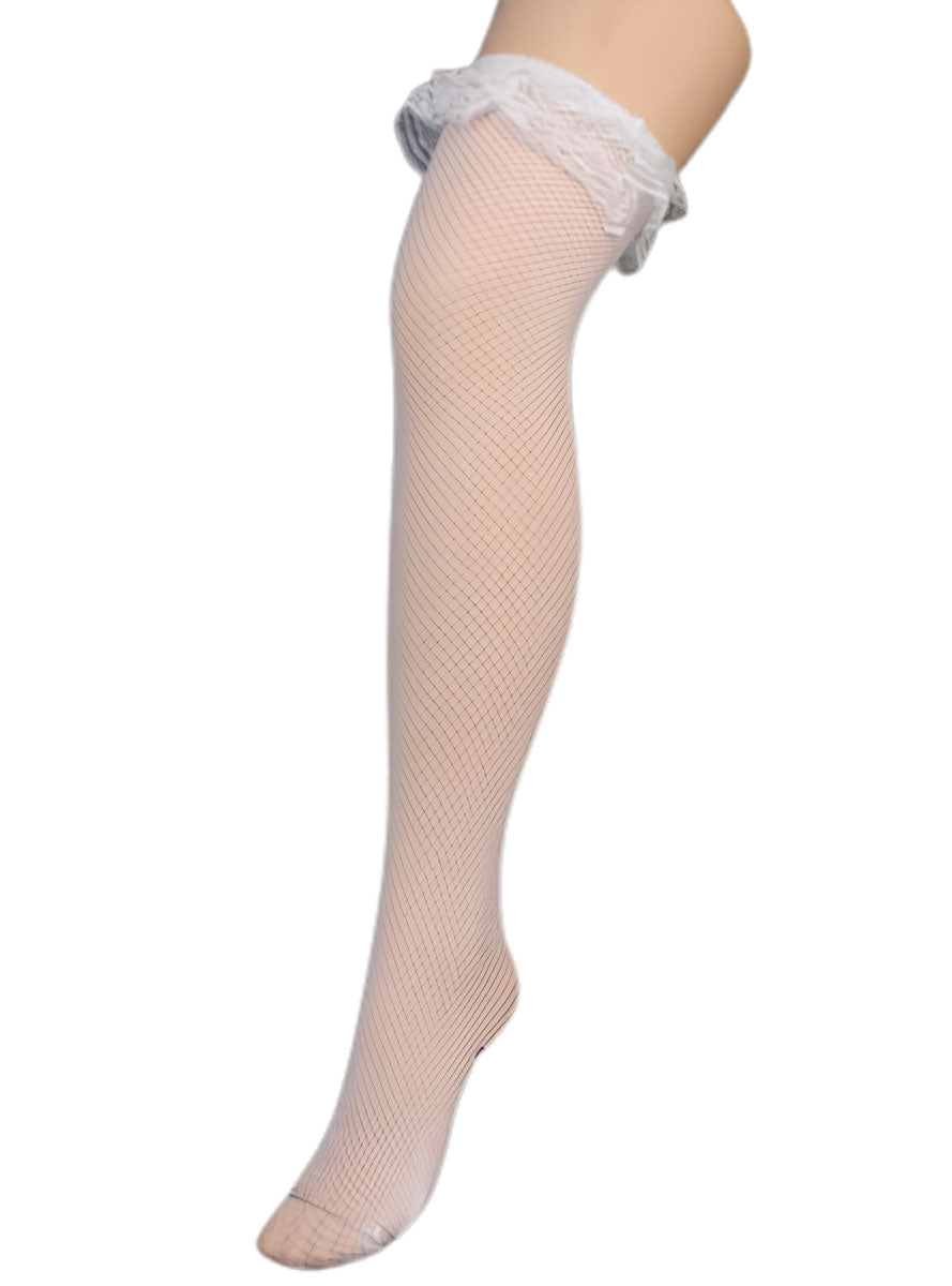 Womens White Fishnet Thigh High Stockings With Ruffled Lace Top