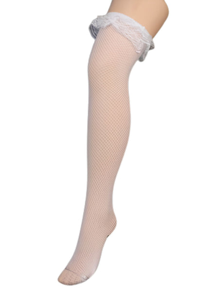Womens White Fishnet Thigh High Stockings With Ruffled Lace Top
