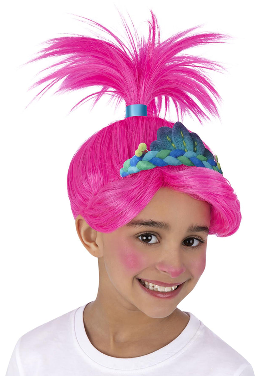 Girls Pink Trolls Poppy Costume Wig With Ponytail - Alternative Image