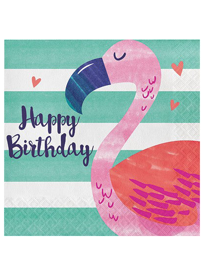 Tropical Party Flamingo Print Happy Birthday 16 Pack Lunch Napkins – Main Image