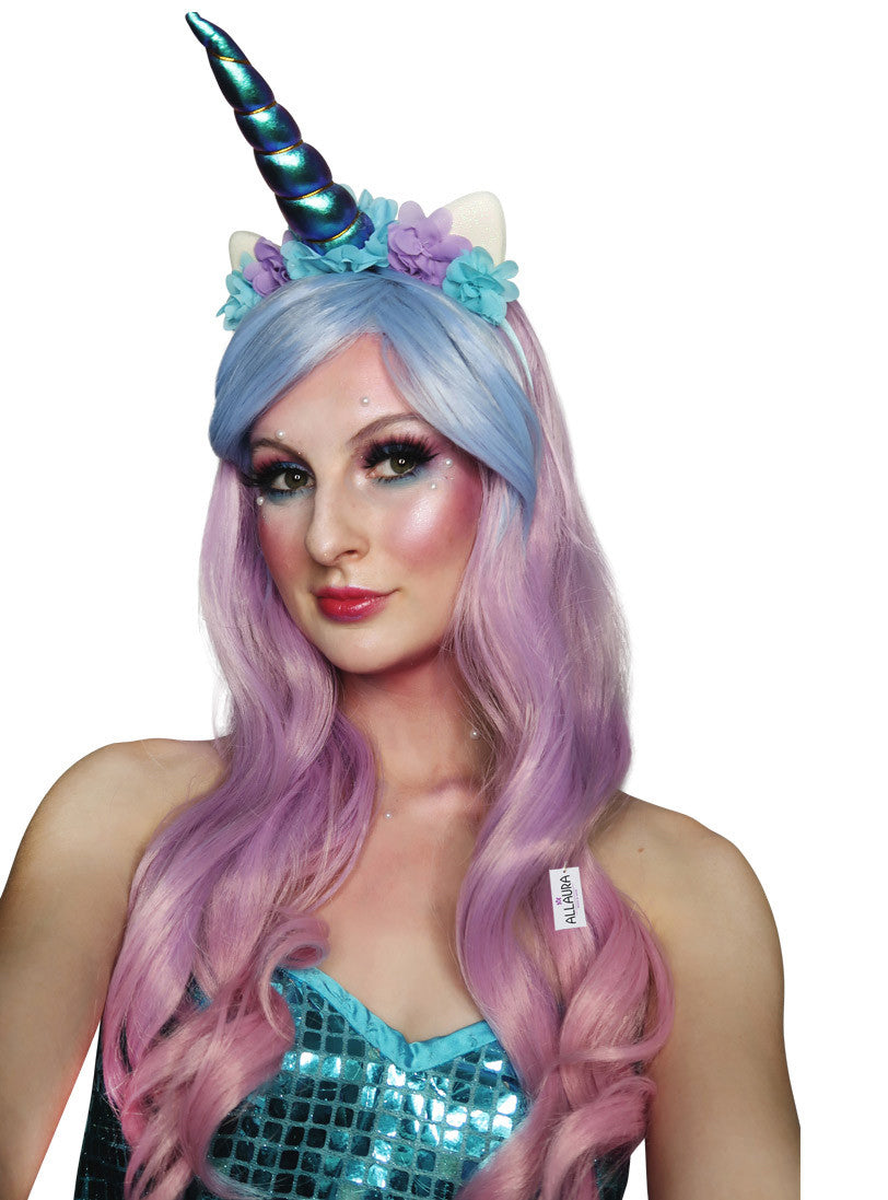 Unicorn Beauty Womens Pastel Wavy Costume Wig And Headband - Main Image