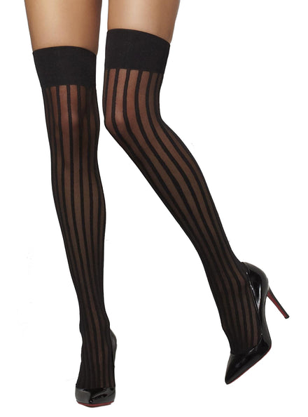 Sheer Black Vertical Striped Thigh High Stockings for Women - Main Image