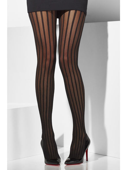 Sheer Vertical Stripe Womens Full Length Black Stockings - Main Image