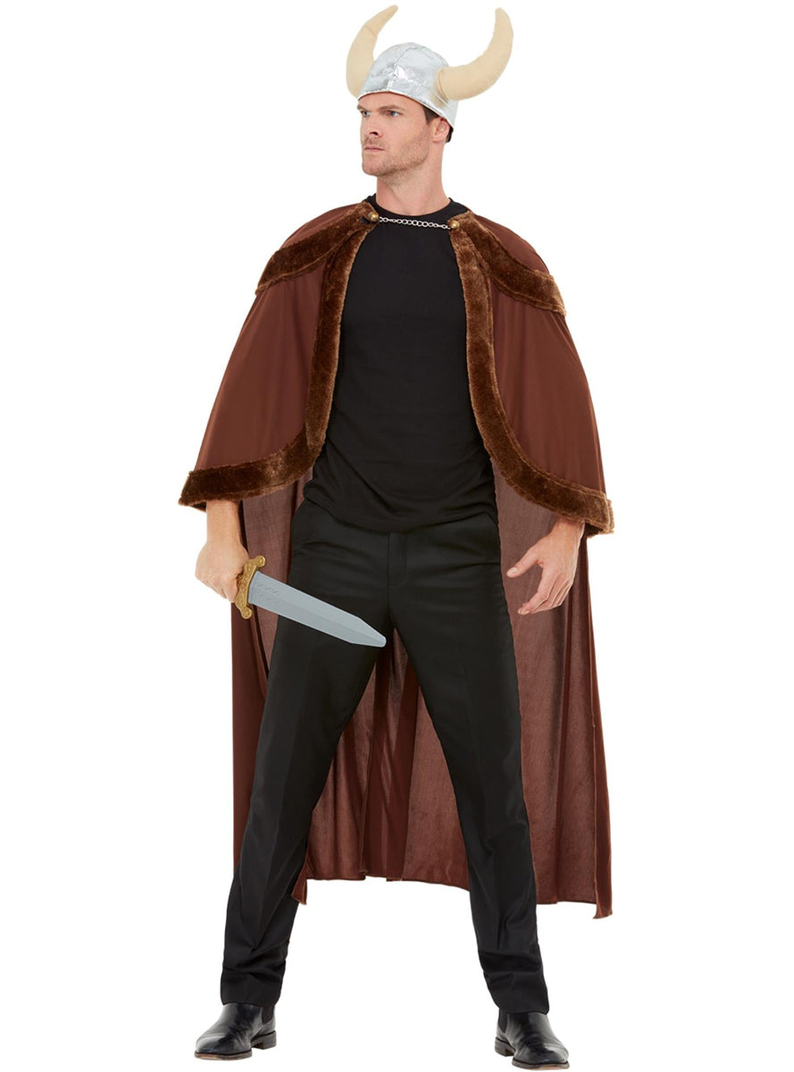 Mens Brown Viking Cape and Helmet Costume Set - Alternative Image