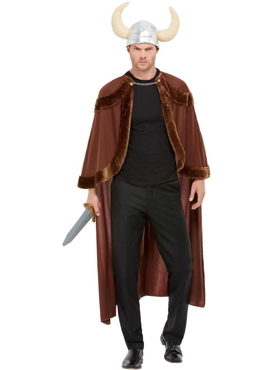 Mens Brown Viking Cape and Helmet Costume Set - Front Image