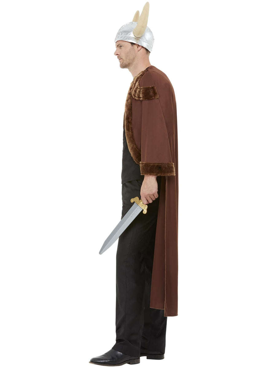 Mens Brown Viking Cape and Helmet Costume Set - Side Image