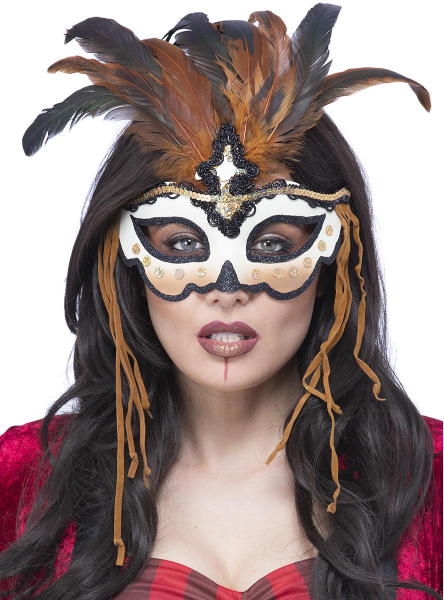 Voodoo Priestess Feathered Masquerade Mask - Main Image