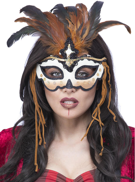 Voodoo Priestess Feathered Masquerade Mask - Main Image