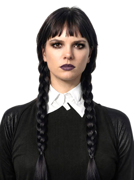 Gothic Schoolgirl Womens Black Plaits Wig with Fringe