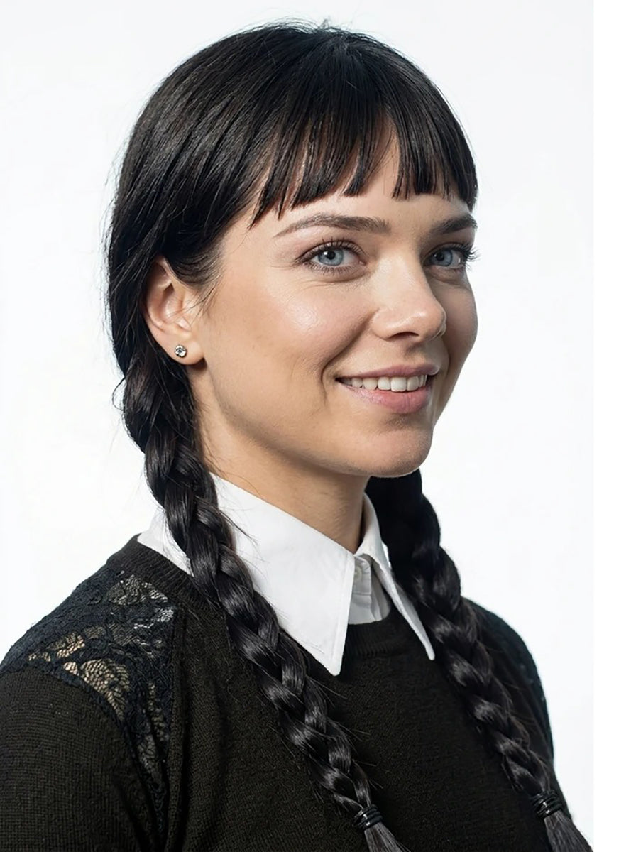 Gothic Schoolgirl Womens Black Plaits Wig with Fringe