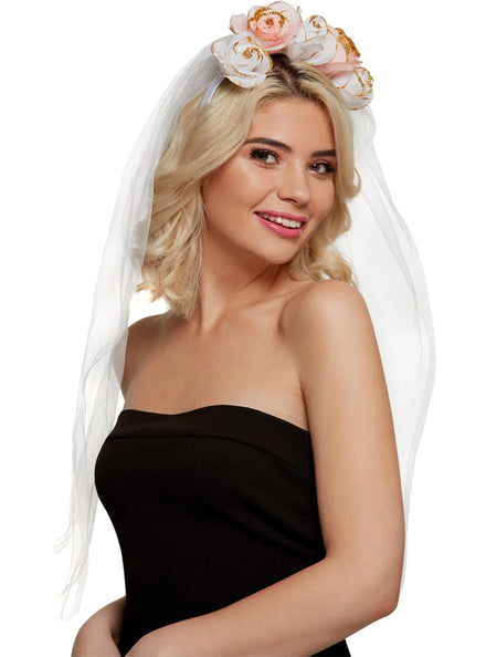 White And Peach Bride Flower Crown headband With Veil - Main Image
