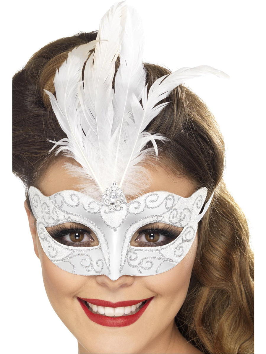 Glitter Swirl Womens White Feather Masquerade Mask - Main Image
