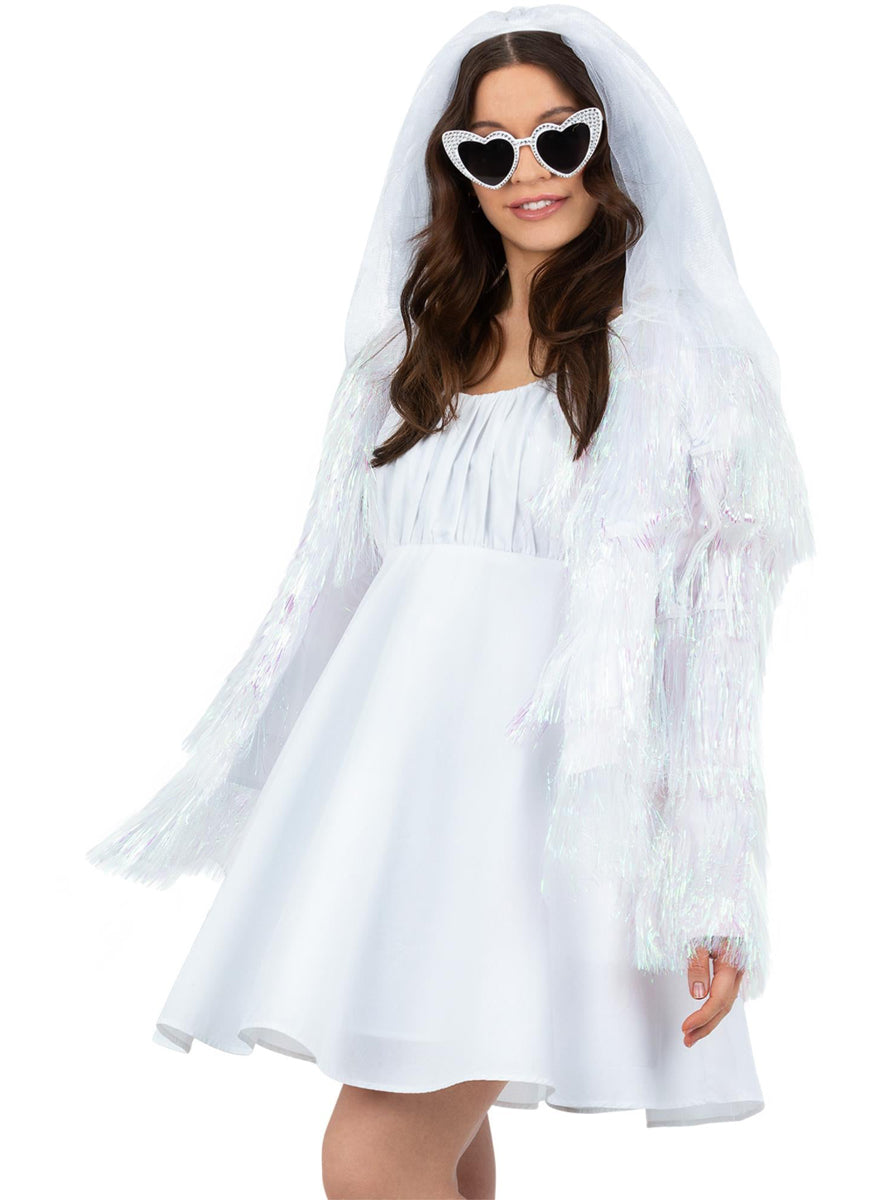 White Iridescent Tassels Womens Festival Costume Jacket - Main Image