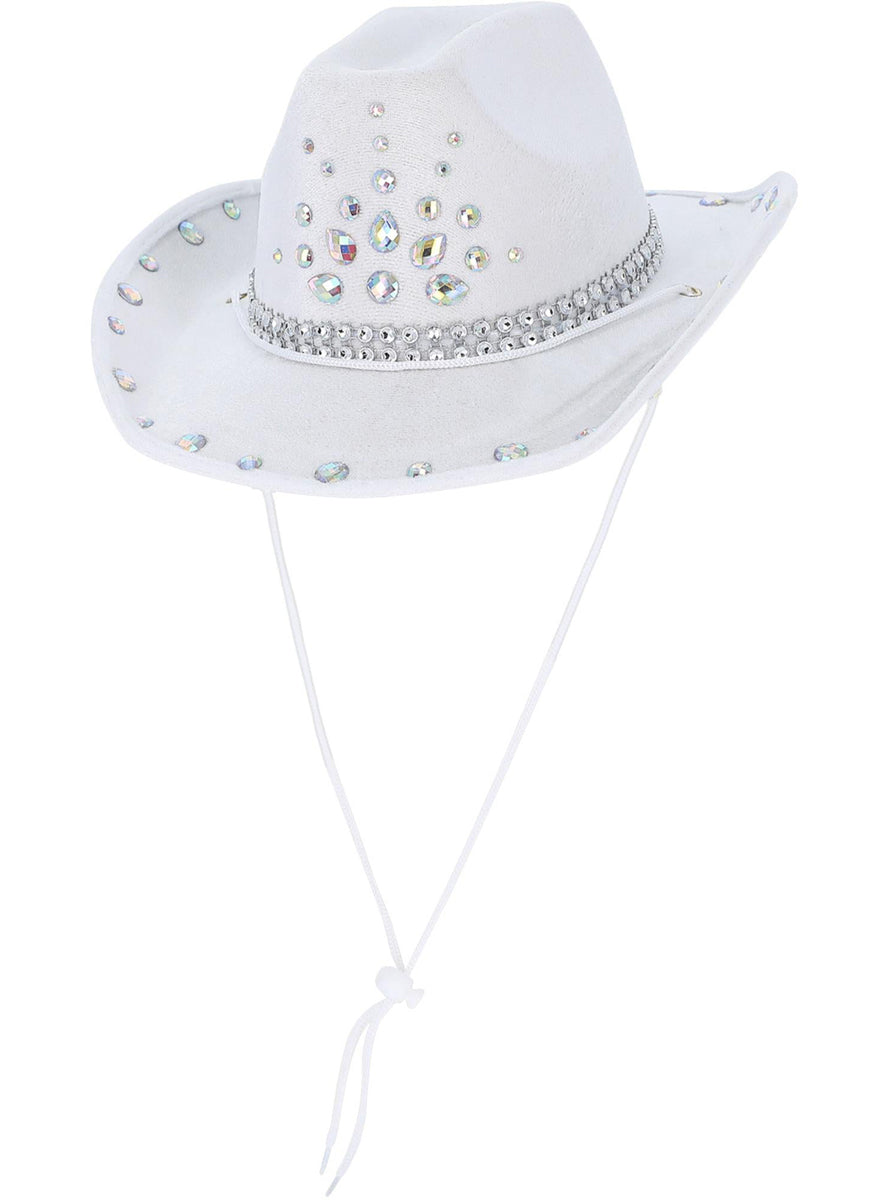 Adults White Rhinestone Jewelled Cowboy Hat - Main Image