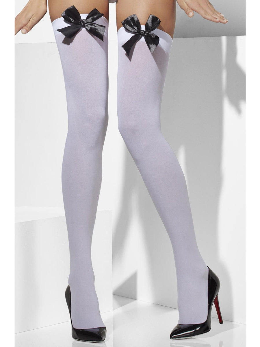 White Opaque Womens Stockings with Black Satin Bows - Main Image