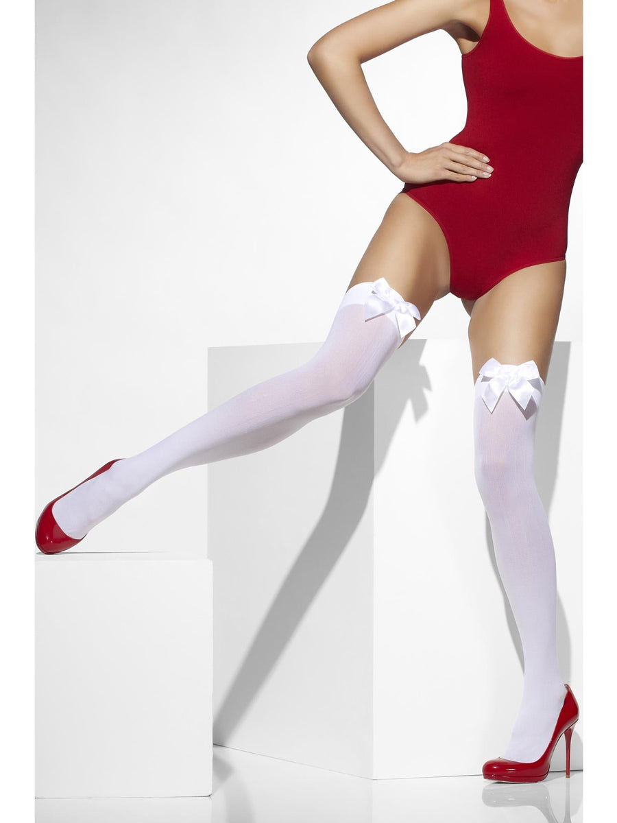 Opaque White Thigh High Stockings - Alternate Image