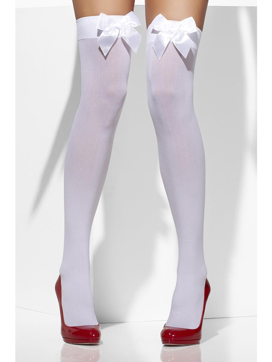 Thigh High White Opaque Stockings with Bows - Main Image