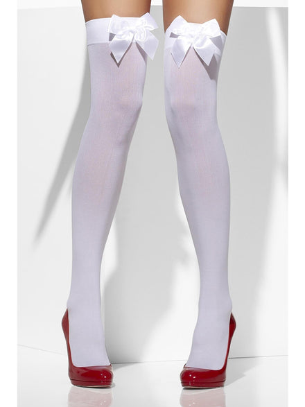 Thigh High White Opaque Stockings with Bows - Main Image