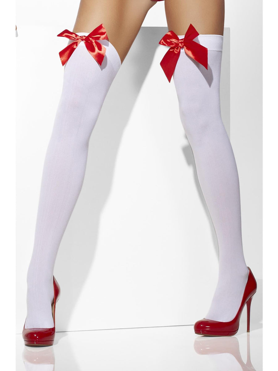 Opaque White Thigh High Stockings for Women with Red Bows - Alternate Image 1