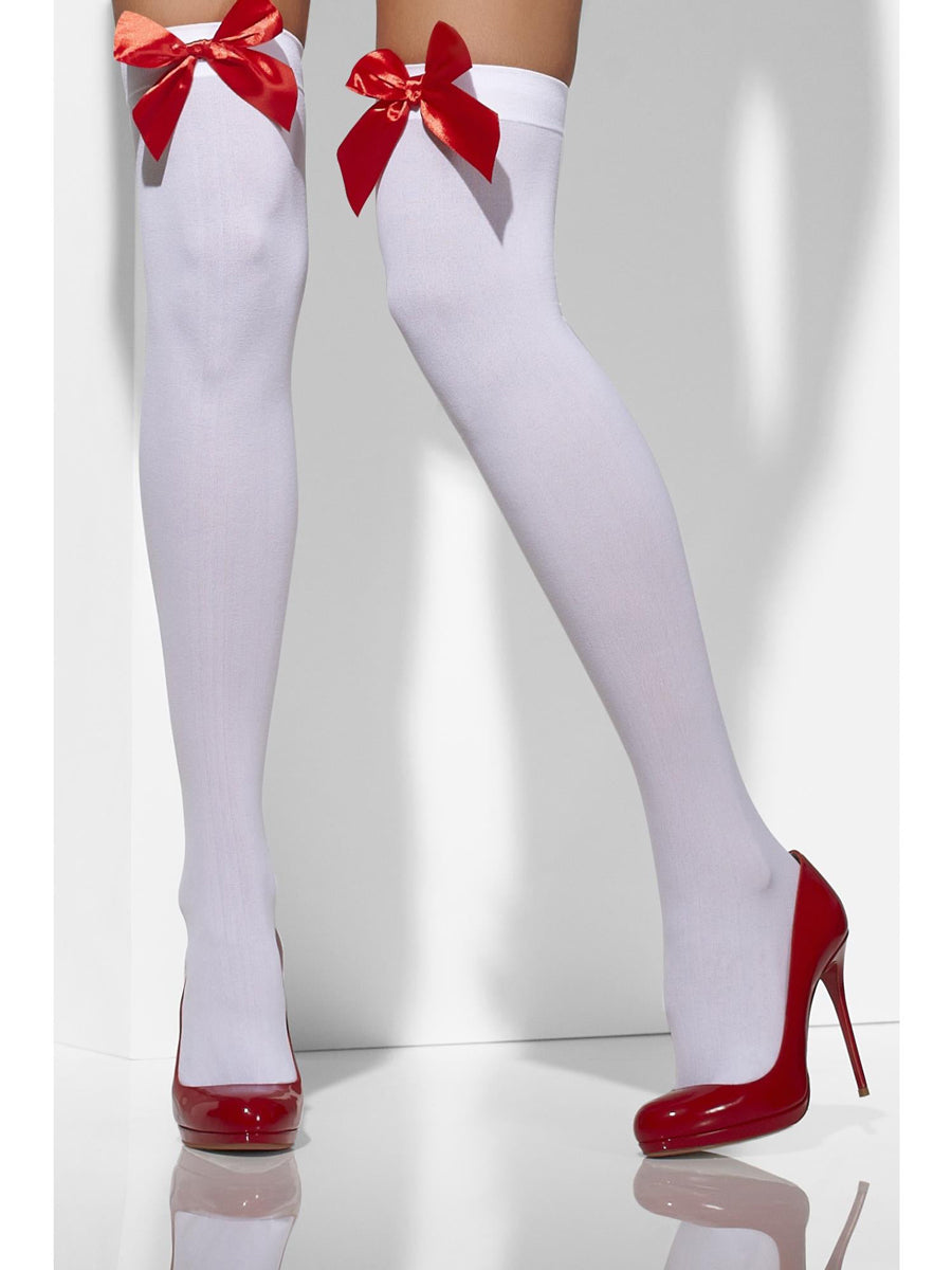 Opaque White Thigh High Stockings with Red Bows - Main Image