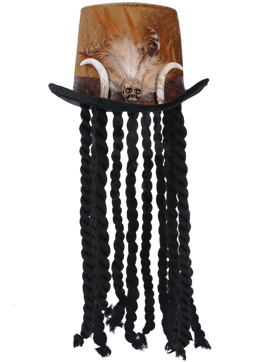Adults Brown Witch Doctor Top Hat with Feathers - Main Image