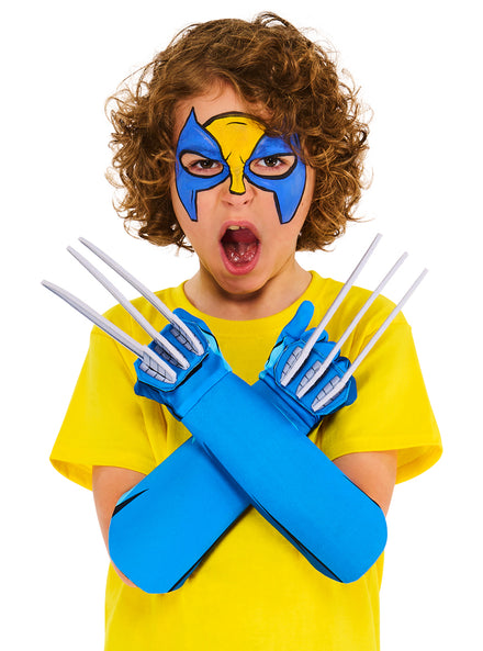 Boys Blue Wolverine Costume Gloves With Claws - Main Image